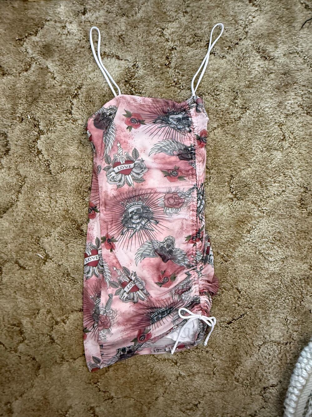 Fashion Nova Y2K Pink Tattoo Print Skull Rose Ruched Mini Dress S